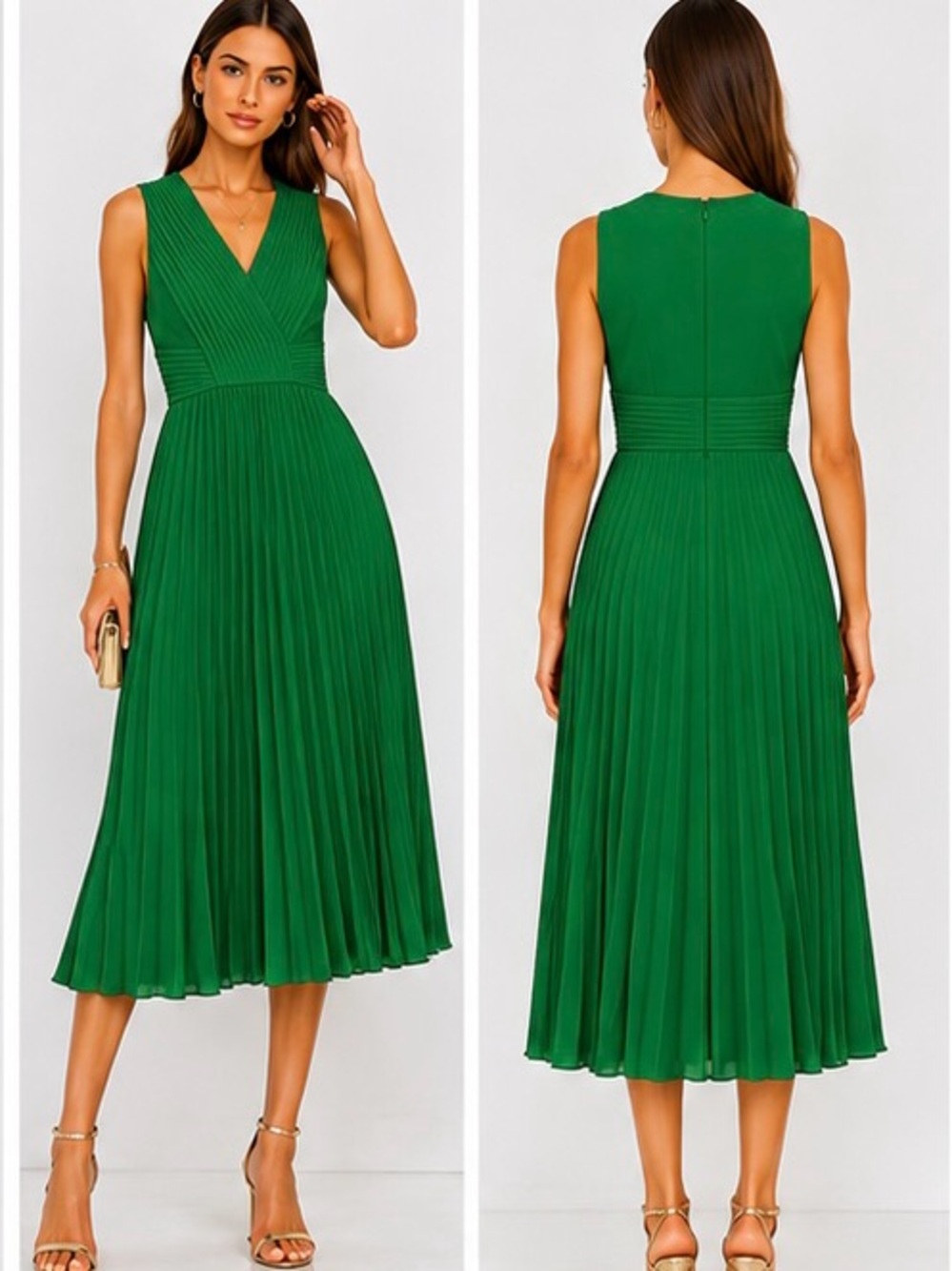 Kay Unger New York Emerald Green Pleated Midi Dress Size 10